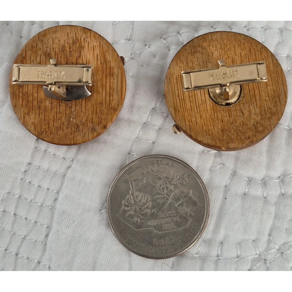 Vintage Swank Cufflinks Wood Gold Sailboat Nautical Boat Mid Century Jewelry
